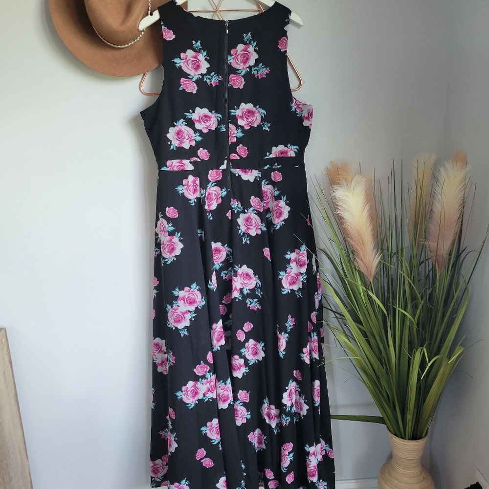 Torrid, Black Pink Floral Rose Georgette Sleeveless Maxi Chiffon Dress, 18 - Picture 5 of 9